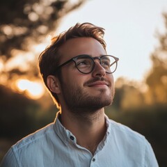 Aufkleber - Young man enjoying a serene moment at sunset in a peaceful outdoor setting with golden light filling the air. Generative AI