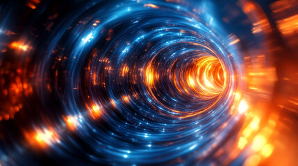 A surreal blue and orange space with a hole at its center, symbolizing the vastness of the sky and the warmth of the sun, blending nature's elements into a modern cosmic representation.

