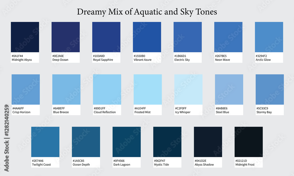 Color Palette 20 Shades Of Blue Aquatic And Sky Tones With HEX Codes 