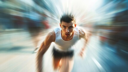 Poster - Runner transforms from tired and untrained to strong and victorious during a race at the city marathon in bright daylight. Generative AI