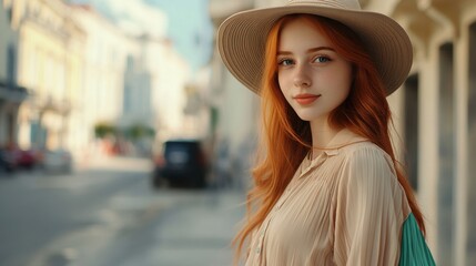 Wall Mural - a woman with red hair wearing a hat