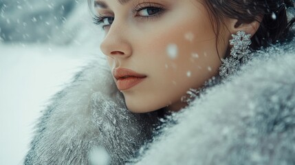 Wall Mural - a woman in a fur coat is looking away from the camera