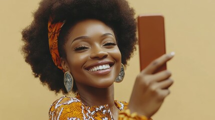 Wall Mural - a woman with an afro is smiling and holding a cell phone