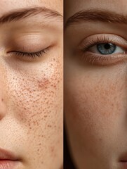 Aufkleber - Comparison of acne prone skin and radiant skin showcasing dermatology concepts for skincare analysis. Generative AI