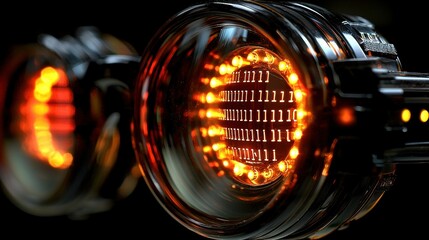 Abstract tech Glowing binary code inside complex chrome engine core