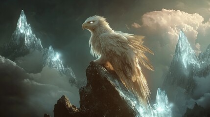 Wall Mural - majestic griffin resting on glowing crystal peak, fantasy and celestial atmosphere, radiant and powe