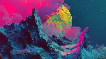 Wall Mural - neon-lit carnival on a floating asteroid, vibrant and chaotic, blending amusement with cosmic wonder