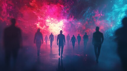 Wall Mural - people silhouettes in futuristic glowing space, vibrant and dynamic atmosphere, sharp and textured c