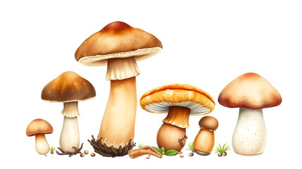 Set boletus edulis mushroom with brown hat (cep, porcini, king bolete, penny bun). Edible bolete wild mushroom. Watercolor hand drawn painting illustration isolated on a white background.