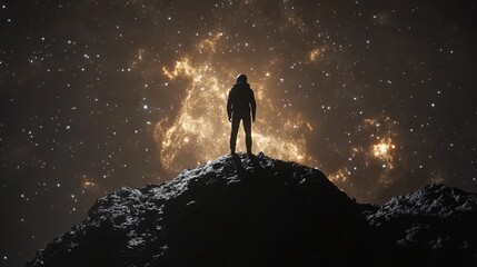 Wall Mural - space traveler standing on glowing asteroid, cosmic view of nebula, celestial and surreal