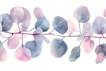 Aufkleber - Delicate watercolor leaves in soft pink and blue tones showcasing natures beauty in bright sunlight. Generative AI