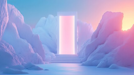 Wall Mural - surreal gradient portal glowing from icy blue to soft pink, futuristic and mysterious, blending time