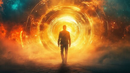 Wall Mural - time traveler stepping through glowing portal, swirling energy, past and future colliding, sci-fi my