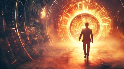 Wall Mural - time traveler stepping through glowing portal, swirling energy, past and future colliding, sci-fi my