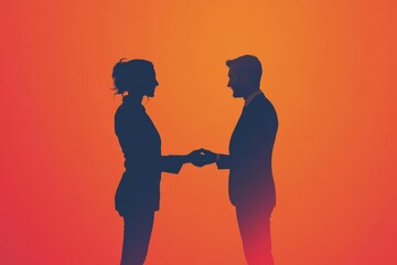 Aufkleber - Silhouettes of two people agreeing on a business deal at sunset in an abstract visual presentation. Generative AI