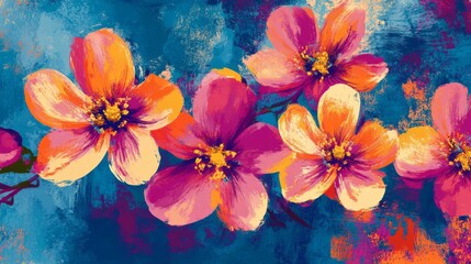 Wall Mural - vibrant floral pattern with pink and orange blossoms on a bold background, dynamic and cheerful comp