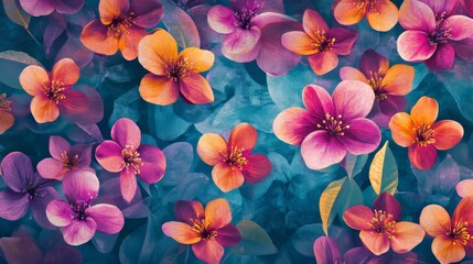 Wall Mural - vibrant floral pattern with pink and orange blossoms on a bold background, dynamic and cheerful comp