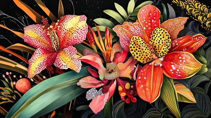 Wall Mural - vivid botanical illustrations with intricate patterns, artistic and modern composition, textured and
