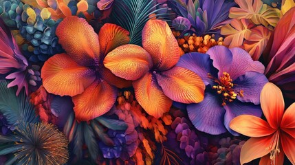 Wall Mural - vivid botanical illustrations with intricate patterns, artistic and modern composition, textured and