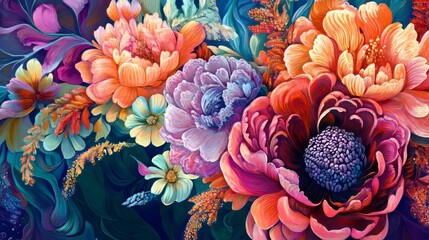 Wall Mural - vivid botanical illustrations with intricate patterns, artistic and modern composition, textured and