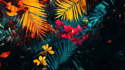 Wall Mural - vivid botanical patterns with radiant light, dynamic and artistic composition, textured and clean de