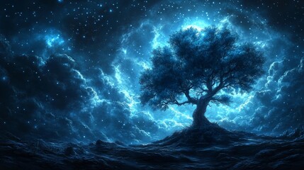 Wall Mural - A glowing tree in a blue light, atop the hill, a full moon in the sky, a fantasy world.