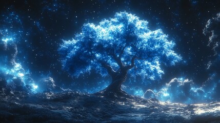 Wall Mural - A glowing tree in a blue light, atop the hill, a full moon in the sky, a fantasy world.