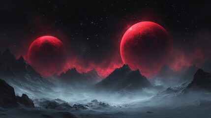 Wall Mural - alien landscape, three floating red planets, with dark mountains below and stars in the sky.