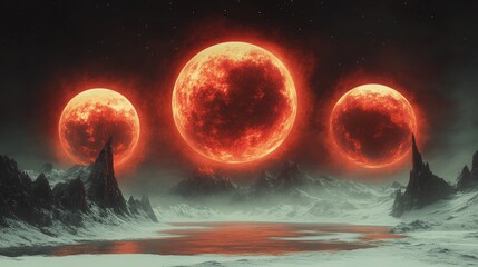 Wall Mural - alien landscape, three floating red planets, with dark mountains below and stars in the sky.