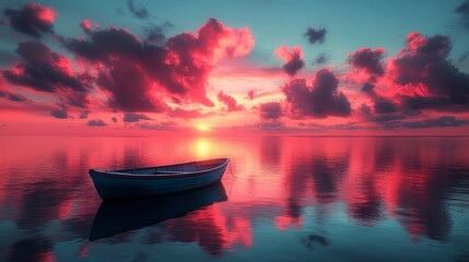 Wall Mural - beautiful bright sunset clouds, reflecting on the water in the lake, a small boat floating in front 