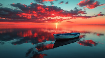 Wall Mural - beautiful bright sunset clouds, reflecting on the water in the lake, a small boat floating in front 