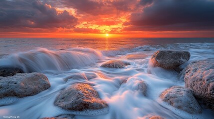 Wall Mural - Landscape  long-exposure photo of rocks on the beach at sunset with waves in motion, dramatic clouds.