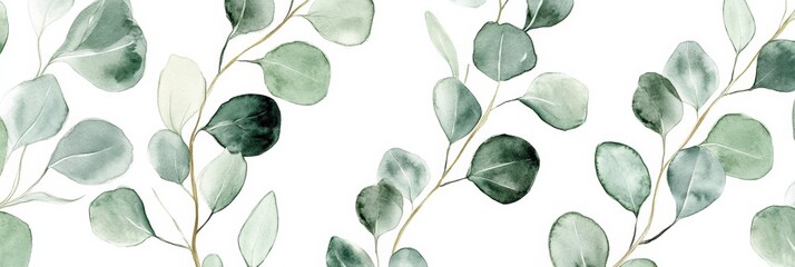 Aufkleber - Watercolor depiction of eucalyptus leaves arranged in a delicate pattern with soft hues of green and white background. Generative AI