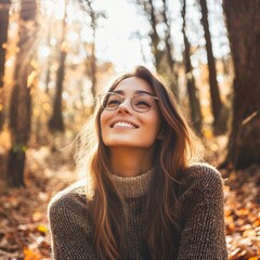 Aufkleber - Young woman enjoying a sunny autumn day in a peaceful forest surrounded by colorful leaves. Generative AI