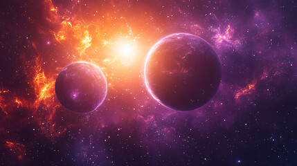 Wall Mural - Modern cosmic landscape featuring two contrasting planets in the sky symbolizing duality harmony and the balance between opposing forces