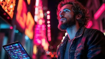 Night City Coder: Contemplative Programmer with Laptop in Vibrant Neon Lights