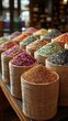 © mlangsen - Colorful spices in woven baskets displayed at a spice market, product photography