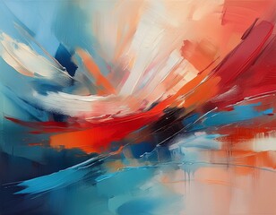 Wall Mural - contemporary abstract artwork featuring expressive brushstrokes in shades of red beige deep blue and turquoise over a soft textured canvas