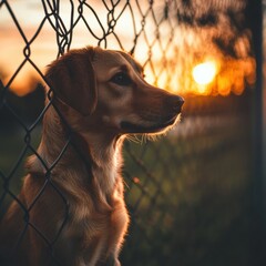 Poster - Dog gazes through fence at sunset, capturing a moment of peace in a serene setting. Generative AI