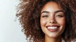 © no one - Portrait of a beautiful smiling American woman with curly hair, realistic 4k photography