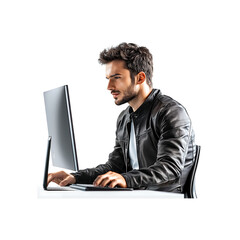 focused professional working on a computer against a transparent background