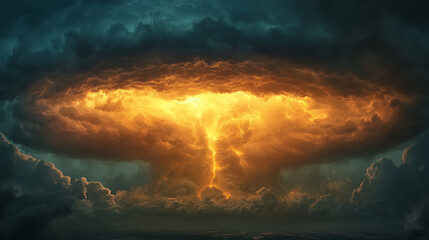 a gigantic anvil-shaped thundercloud glowing from within, as if a firestorm rages inside