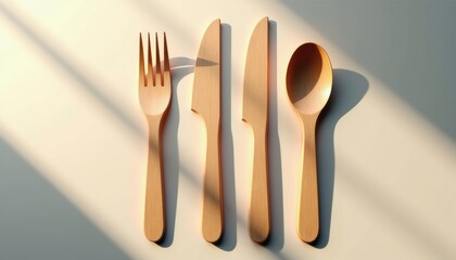 Aufkleber - Photorealistic wooden cutlery mockup, featuring fork, knife, and spoon, neatly arranged on neutral background with soft natural lighting