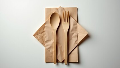 Aufkleber - Realistic disposable wooden cutlery mockup, set on kraft paper napkin against clean white surface, emphasizing sustainability