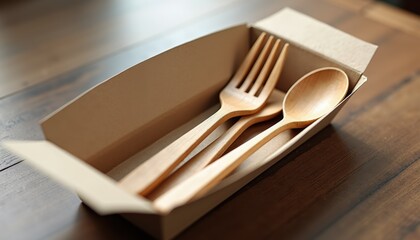 Poster - Photorealistic wooden cutlery set mockup, featuring fork, knife, and spoon, placed inside biodegradable takeout container on wooden table