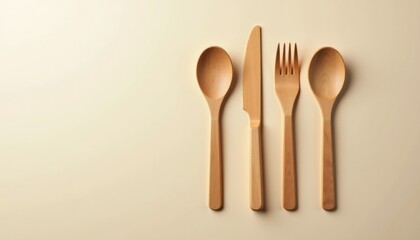 Aufkleber - Mockup of simple wooden cutlery set, displayed on soft beige background with subtle shadows, ideal for showcasing natural and sustainable tableware