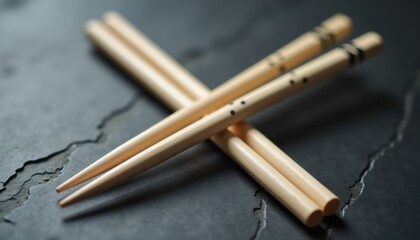 Aufkleber -  Mockup of disposable chopsticks with light wood texture, set on dark slate surface with soft shadows, creating stylish and modern presentation