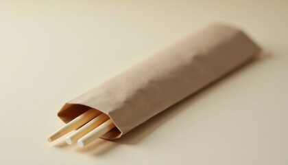 Poster - Close-up of pair of disposable chopsticks in simple paper sleeve, placed on neutral background, ideal for takeaway packaging branding