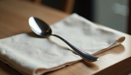 Aufkleber - Elegant restaurant-style table setting featuring polished metal spoon on textured fabric napkin, high-quality mockup, simple composition