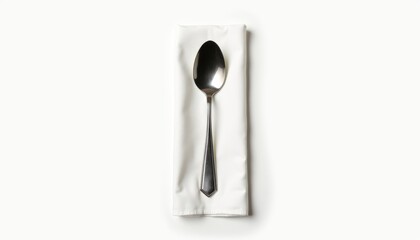 Aufkleber - Neatly folded white napkin with silver spoon placed on top, isolated on clean white background, high detail, soft shadows